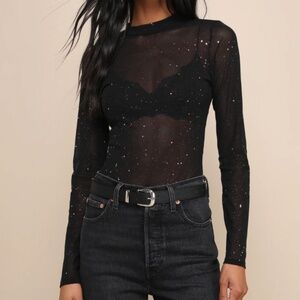 Lulu’s Sheer Black Glitter High Neck Bodysuit